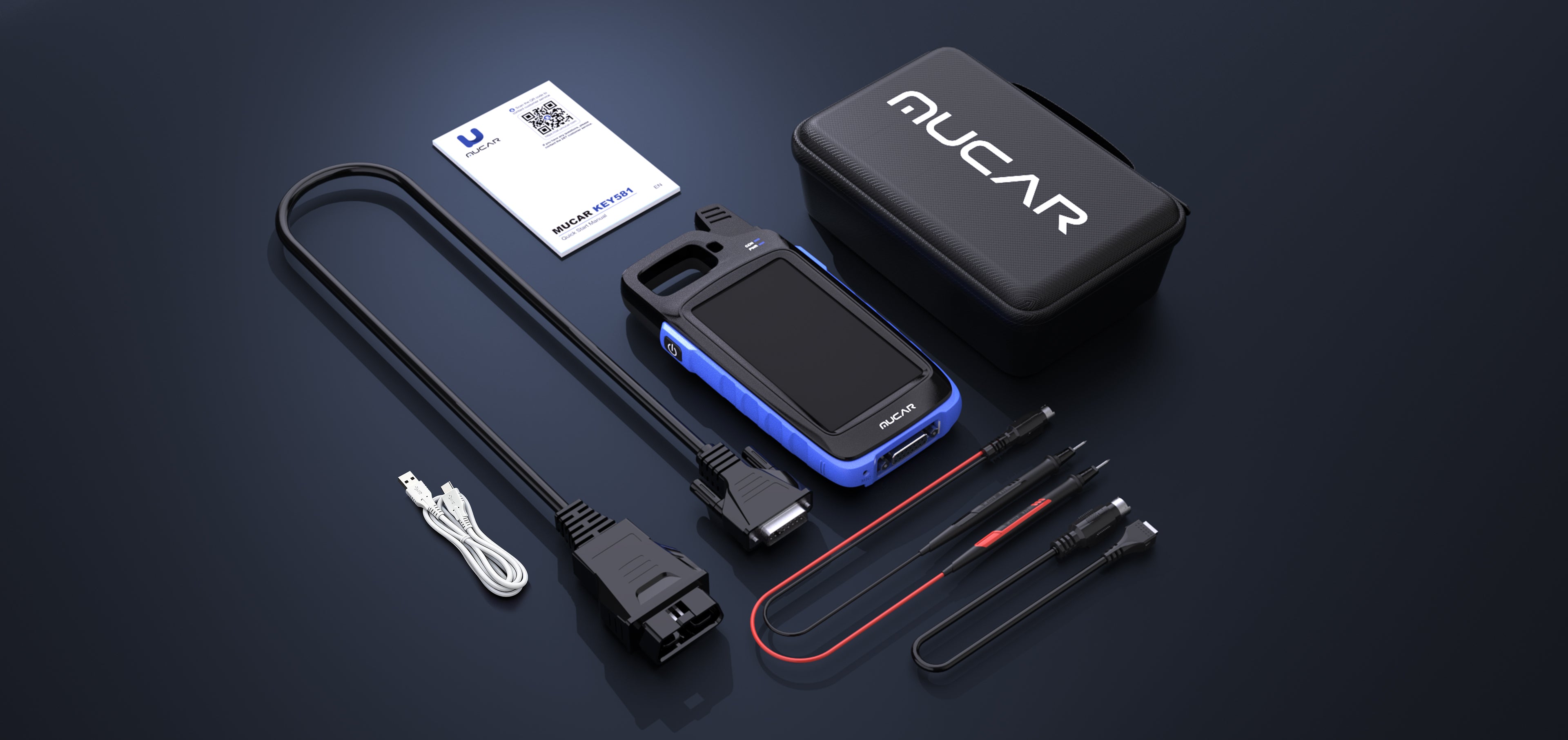 MUCAR KEY581 package with main unit, OBD2 main cable, USB cable, test leads, quick start manual and carrying case