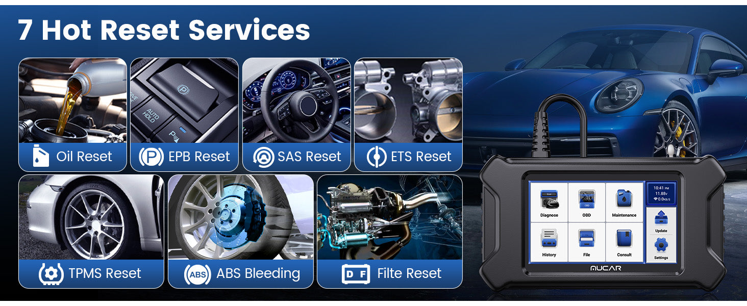 MUCAR CS6 reset services: oil, EPB, SAS, ETS, TPMS, ABS bleeding and DPF