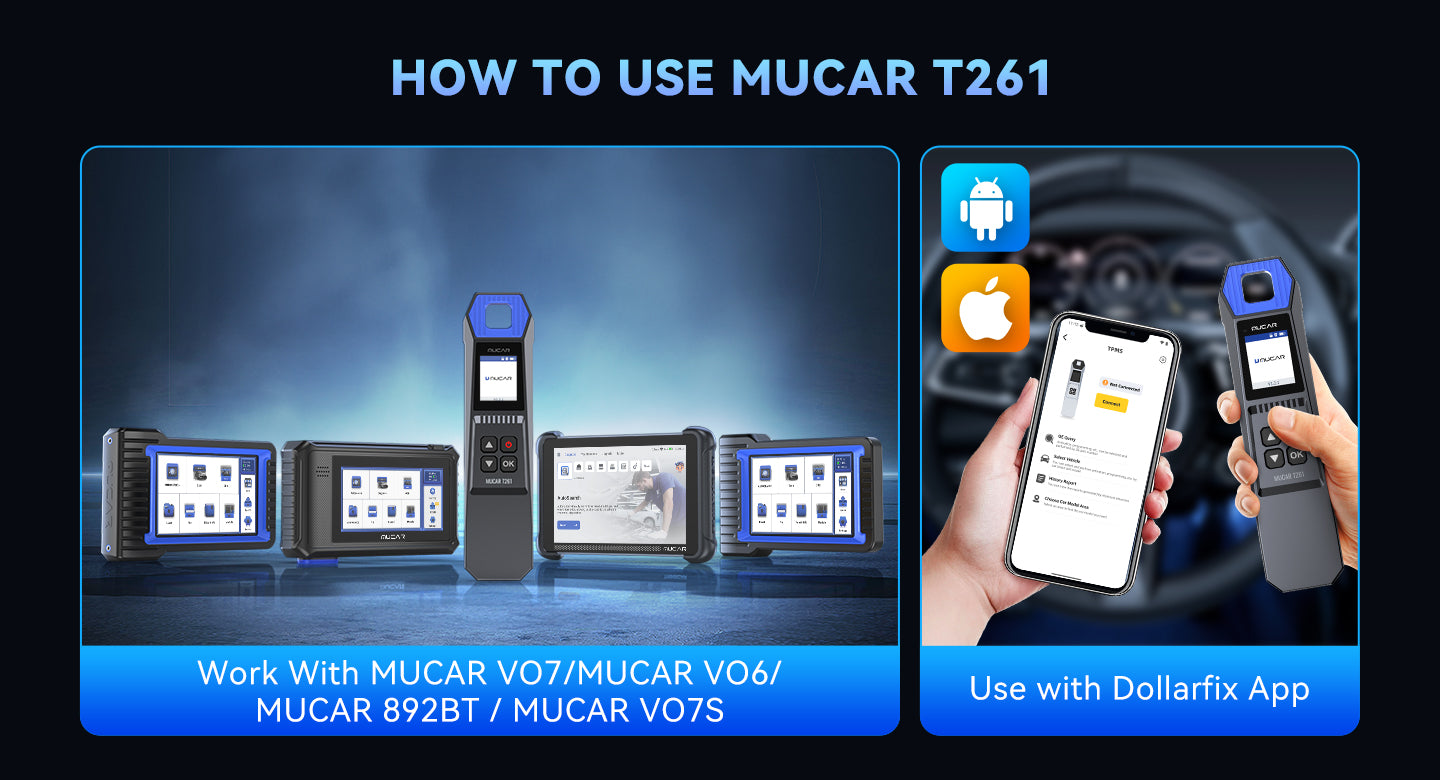 MUCAR T261 shown with MUCAR VO7, VO6, 892BT and VO7S scanners and with the Dollarfix app on a phone