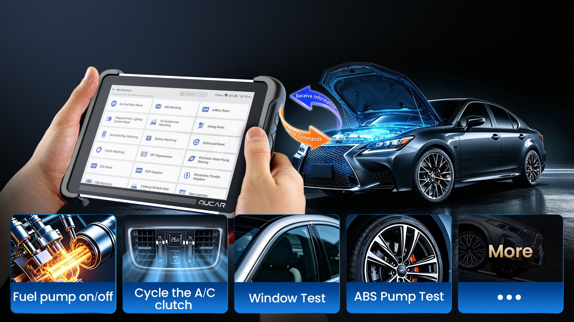 MUCAR tablet maintenance menu with active test examples for fuel pump, A/C clutch, windows and ABS pump