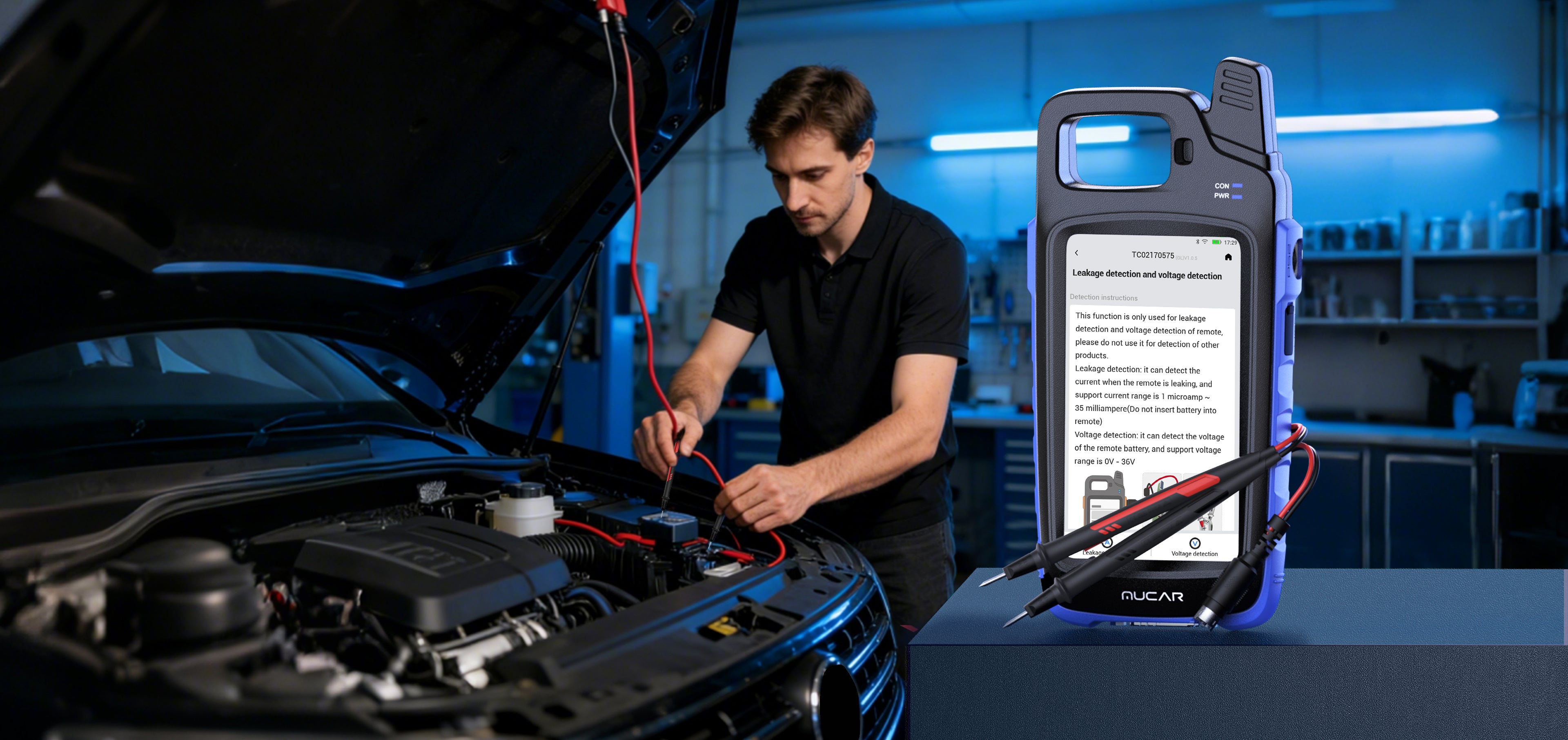 MUCAR KEY581 showing the leakage and voltage detection screen with test leads attached