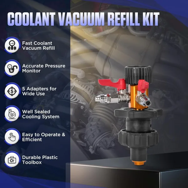 MR CARTOOL Coolant Vacuum Refill Tool Kit with Pressure Gauge, 5 Adapters & Air Connectors for Radiator and Heater Core