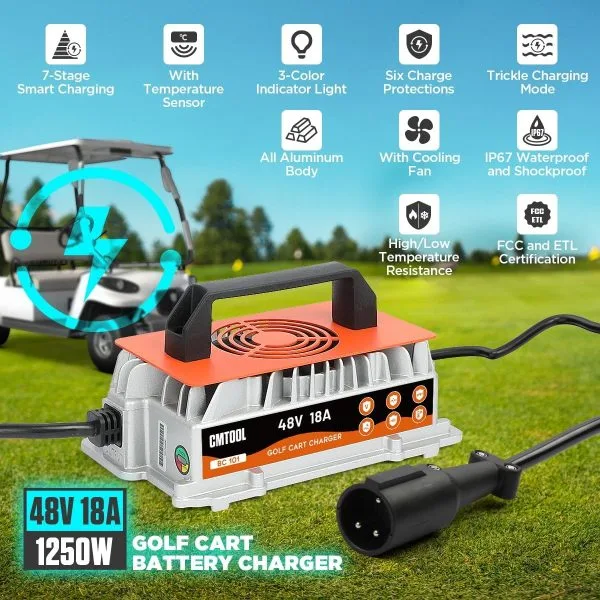 CMTOOL 48V 18A Golf Cart Battery Charger for Club Car, 1250W Smart Automatic Trickle Charger, 3-Pin Round Plug, IP67 Waterproof, for 48V Lead-Acid Batteries