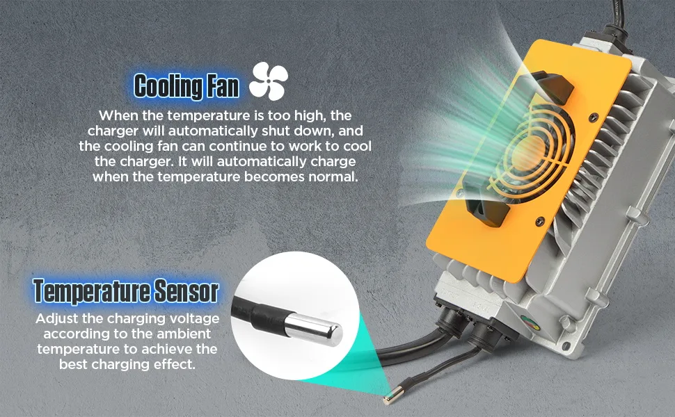 Charger cooling fan and external temperature sensor probe