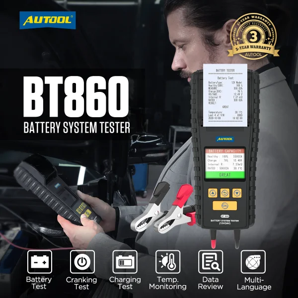 AUTOOL BT860 Battery Tester with Temperature Monitoring and Printing Capabilities