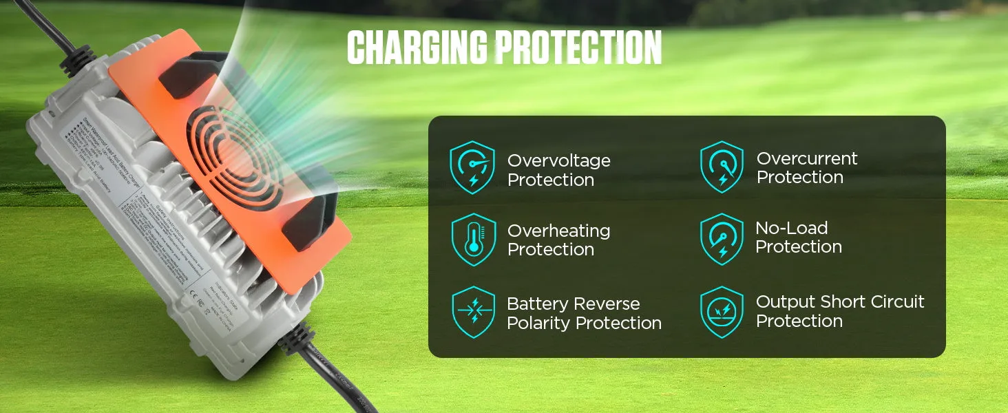Charger with cooling fan and six protection icons