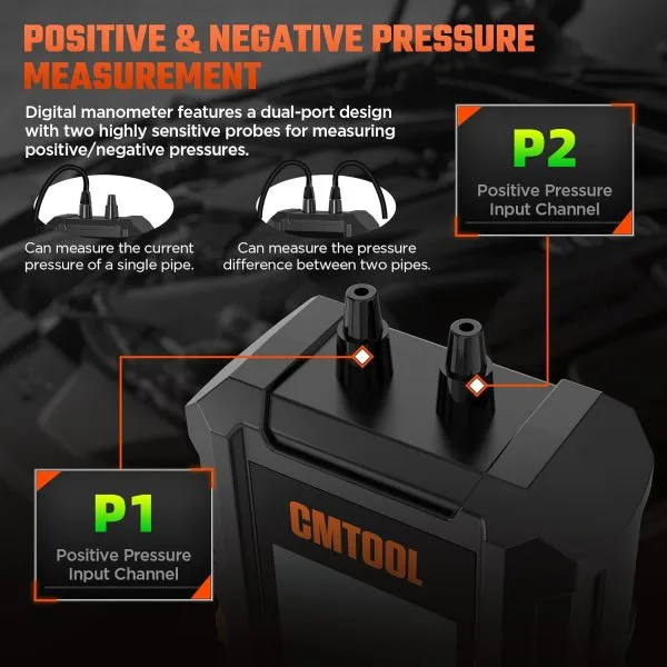 Manometer Gas Pressure Tester, Digital Manometer, -100-200Kpa, 10 Units Differential Pressure Gauge, Max/Min/Data Storage, 2-Port Tester for HVAC/Automotive Brake/Industrial/Lab Calibration (Mini)