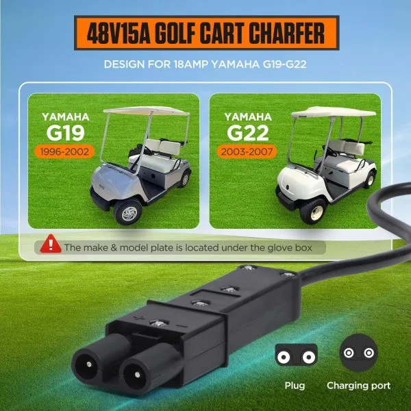 CMTOOL 48V 15A Golf Cart Battery Charger for Yamaha G19 G22, Smart Automatic Trickle Charger, 2-Pin Binocular Plug, IP67 Waterproof, for 48V Lead-Acid Batteries