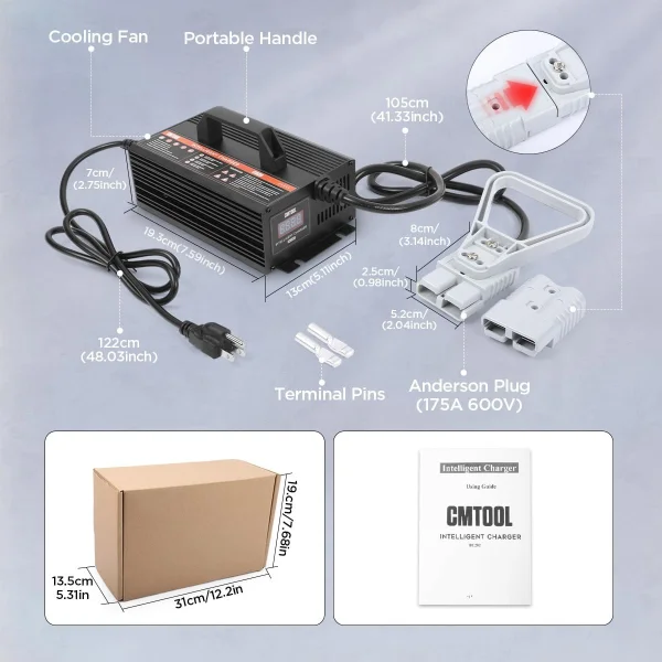 CMTOOL 24V 20A Smart Forklift Battery Charger – Fully Automatic Lead-Acid Charger with LCD Display for Pallet Jack, Floor Scrubber & Golf Cart
