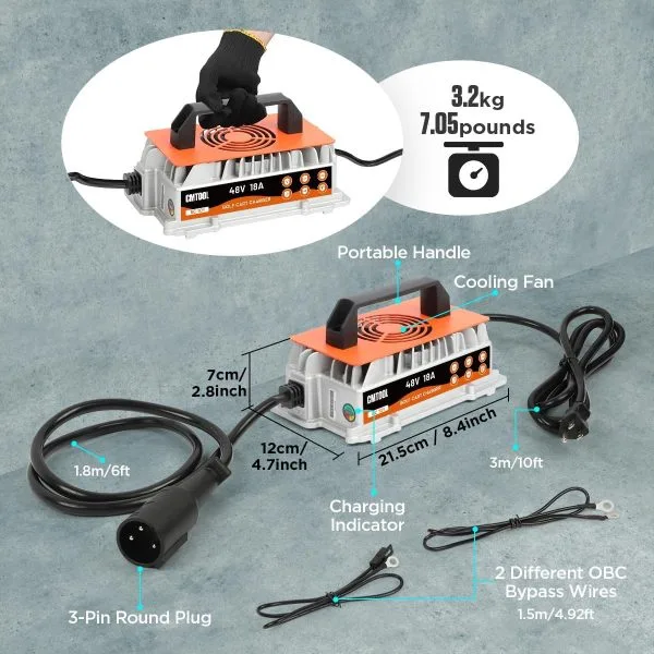 CMTOOL 48V 18A Golf Cart Battery Charger for Club Car, 1250W Smart Automatic Trickle Charger, 3-Pin Round Plug, IP67 Waterproof, for 48V Lead-Acid Batteries
