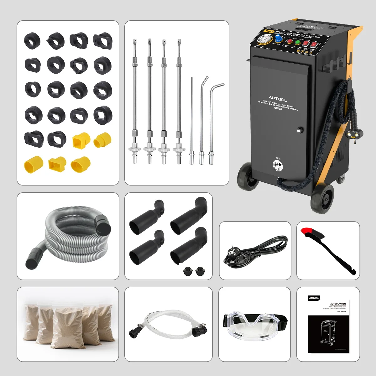 AUTOOL WD816 package image with main unit, intake adapters, straight and bent tubes, recovery hose, elbows, power cord, brush, media bags, air hose, goggles and manual