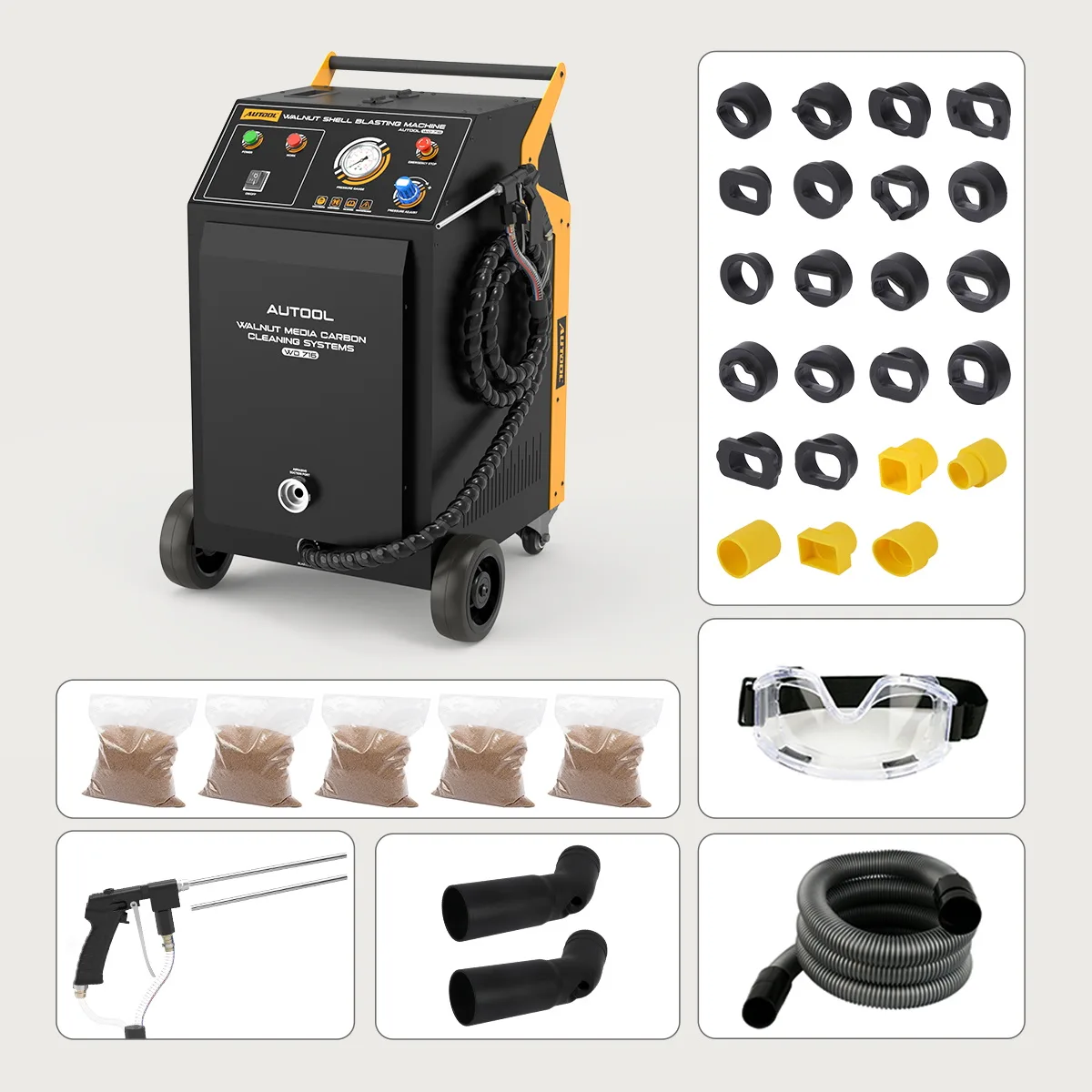 AUTOOL WD716 package image with main unit, black and yellow intake adapters, walnut media bags, goggles, blasting gun, elbow nozzles and suction hose