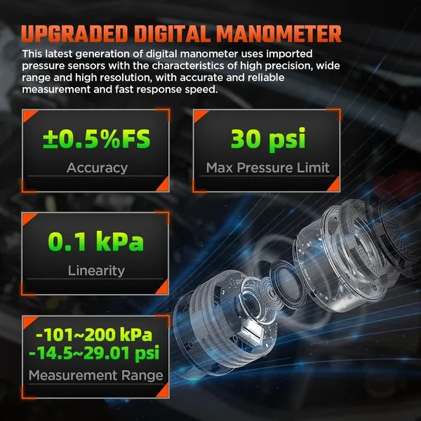 CMTOOL -101 to 200 kPa Dual-Port Digital Manometer with 6 Units & 7 Adapters