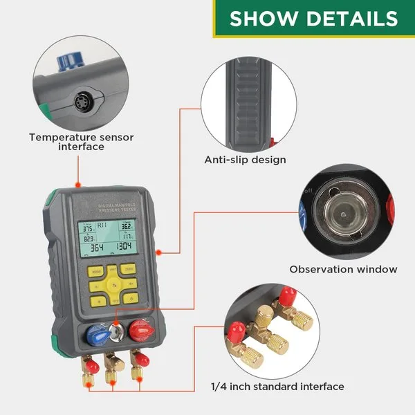 CMTOOL HVAC Digital Manifold Gauge Set, 92 Refrigerants, 2 Temp Clamps | 3 Hoses Refrigerant Gauge Set with Pressure and Temperature Testing for R134A,1234YF, R22, R12, R404A and R410A