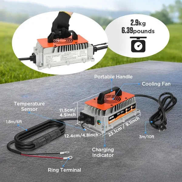 CMTOOL 36V 25A Lithium Battery Charger, IP67 Waterproof, 43.8V Output AC-DC | For 38.4V LiFePO4 Battery, 1250W Fast Charging, 6 Protection, LED Indicator, 16Ft Cable for 36V Golf Cart, Forklift, Boat