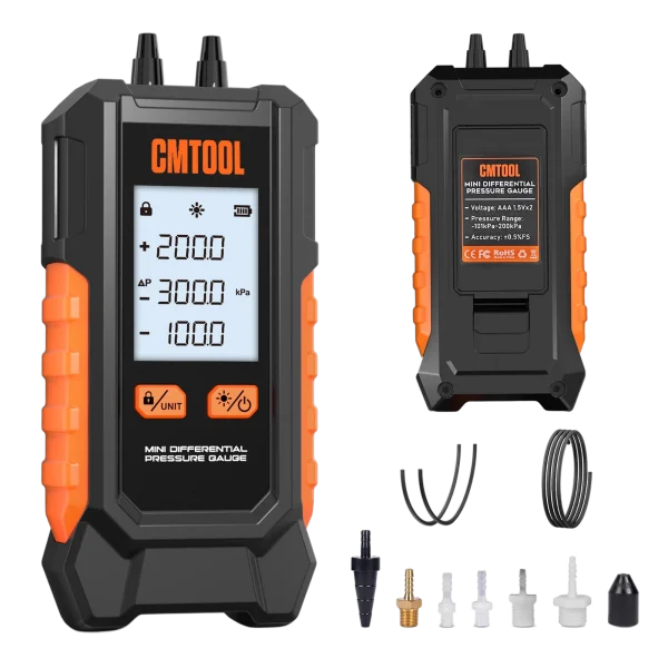 CMTOOL -101 to 200 kPa Dual-Port Digital Manometer with 6 Units & 7 Adapters