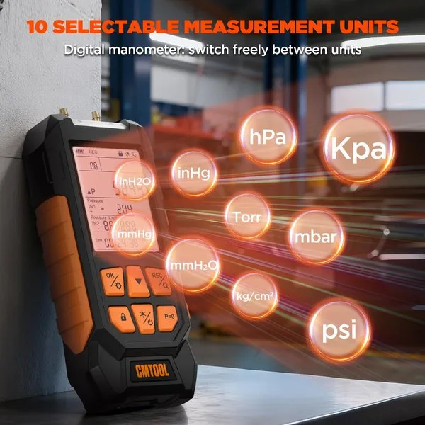 Manometer Gas Pressure Tester, -100 to 200Kpa Dual-Port Digital Manometer | 10 Units, 7 Adapters, HVAC Digital Pressure Gauge Tester with Data Lock, Zero & Storage, Backlight LCD Display & flashlight