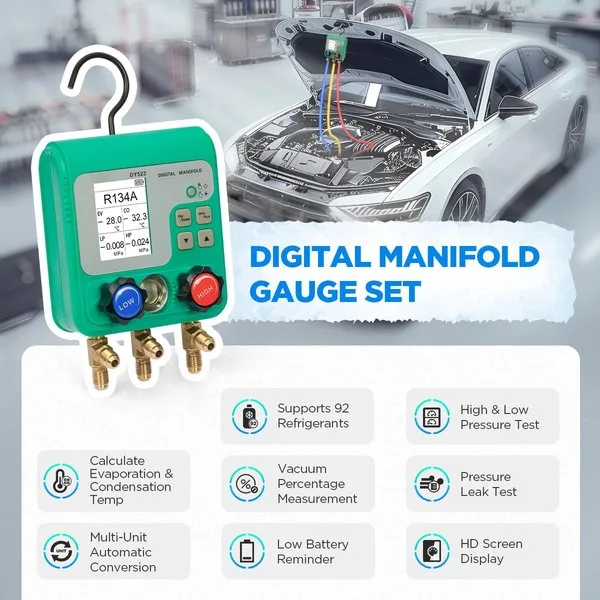 HVAC Digital Manifold Gauge Set, 92 Refrigerant, Dual Pressure&Vacuum Test | LCD Display Digital HVAC Gauges for R134A R22 R410A Refrigerant with 3 Hoses & 1/4" SAE Interface, AC Recharge Kit with Hook