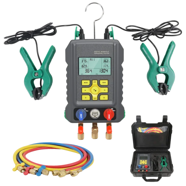 CMTOOL HVAC Digital Manifold Gauge Set, 92 Refrigerants, 2 Temp Clamps | 3 Hoses Refrigerant Gauge Set with Pressure and Temperature Testing for R134A,1234YF, R22, R12, R404A and R410A