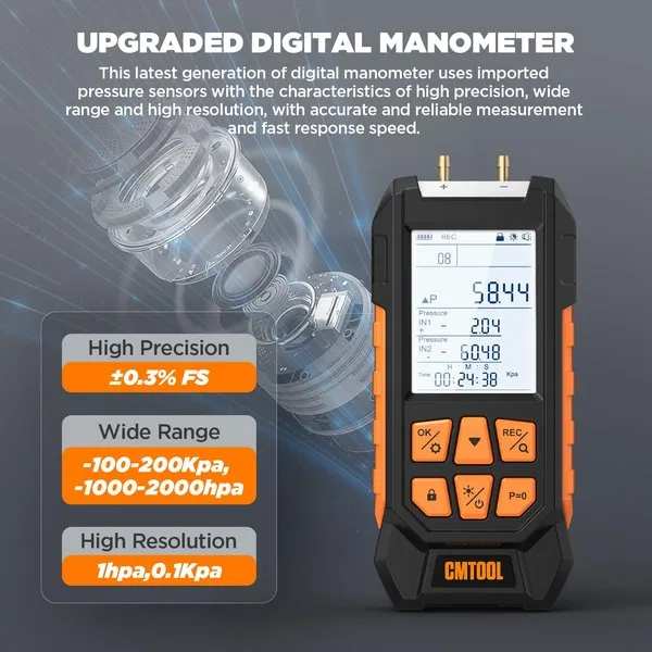 Manometer Gas Pressure Tester, -100 to 200Kpa Dual-Port Digital Manometer | 10 Units, 7 Adapters, HVAC Digital Pressure Gauge Tester with Data Lock, Zero & Storage, Backlight LCD Display & flashlight