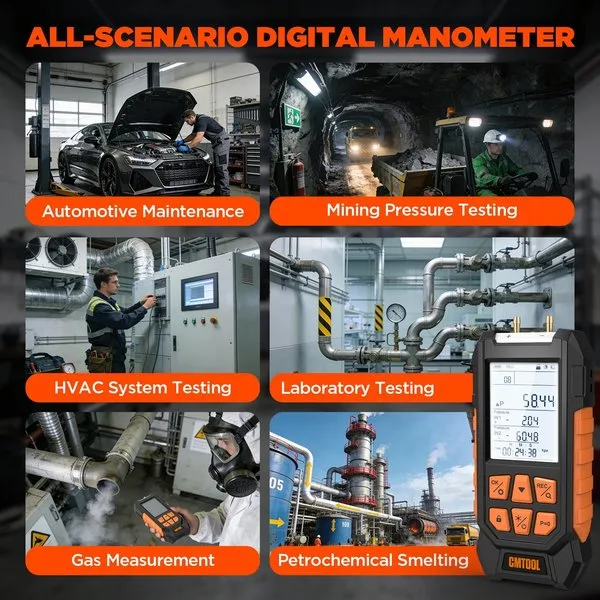 Manometer Gas Pressure Tester, -100 to 200Kpa Dual-Port Digital Manometer | 10 Units, 7 Adapters, HVAC Digital Pressure Gauge Tester with Data Lock, Zero & Storage, Backlight LCD Display & flashlight