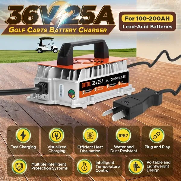 36Volt Golf Cart Battery Charger, 36V 25A Charger for EZGO/Yamaha/Club Car | 1250W Smart Fast Charging with Crowfoot Plug, IP67 Waterproof, 8 Protection, 16Ft Cable Charger for 36V Lead-Acid Batteries