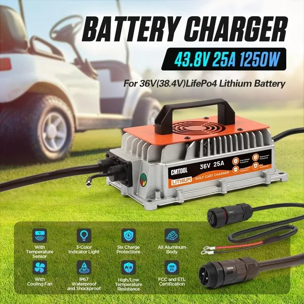 CMTOOL 36V 25A Lithium Battery Charger, IP67 Waterproof, 43.8V Output AC-DC | For 38.4V LiFePO4 Battery, 1250W Fast Charging, 6 Protection, LED Indicator, 16Ft Cable for 36V Golf Cart, Forklift, Boat