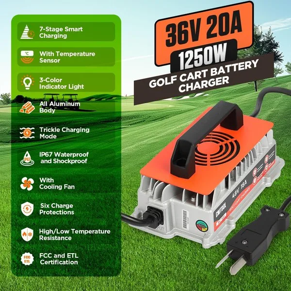 36 Volt Golf Cart Battery Charger, 36V 20A Charger for EZGO/Yamaha/Club Car | 1250W Fast Charging Golf Cart Charger for 36V Lead-Acid Battery, IP67 Waterproof, 6 Protection, 16Ft Cable, Crowfoot Plug