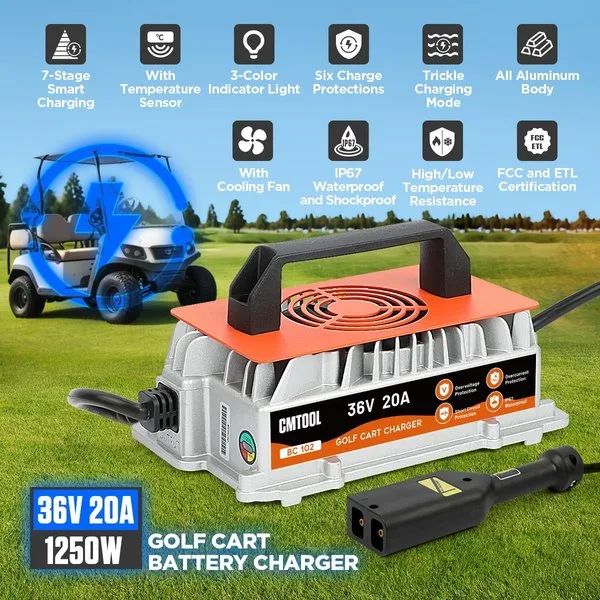 36 Volt 20 AMP Golf Cart Battery Charger for EZGO TXT, IP67 Waterproof | 1250W EZGO Smart Fast Charging Trickle Charger, 16Ft Cable EZ GO Golf Cart Charger with D-Plug, for 36V Lead-Acid Battery