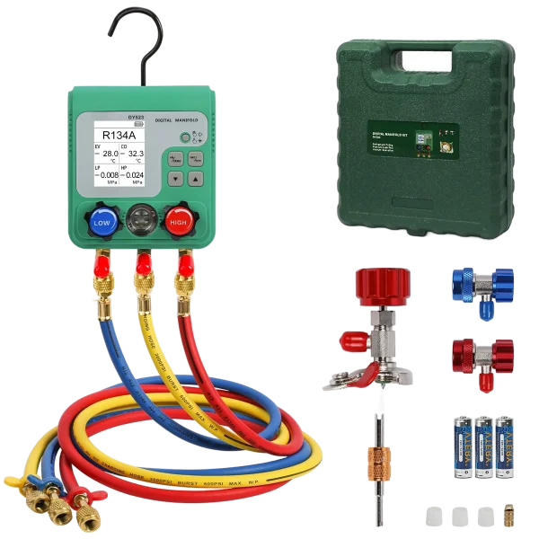 HVAC Digital Manifold Gauge Set, 92 Refrigerant, Dual Pressure&Vacuum Test | LCD Display Digital HVAC Gauges for R134A R22 R410A Refrigerant with 3 Hoses & 1/4" SAE Interface, AC Recharge Kit with Hook
