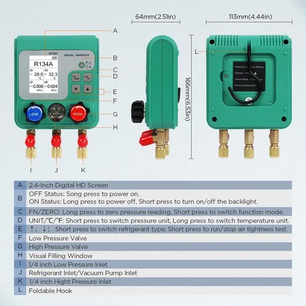 HVAC Digital Manifold Gauge Set, 92 Refrigerant, Dual Pressure&Vacuum Test | LCD Display Digital HVAC Gauges for R134A R22 R410A Refrigerant with 3 Hoses & 1/4" SAE Interface, AC Recharge Kit with Hook