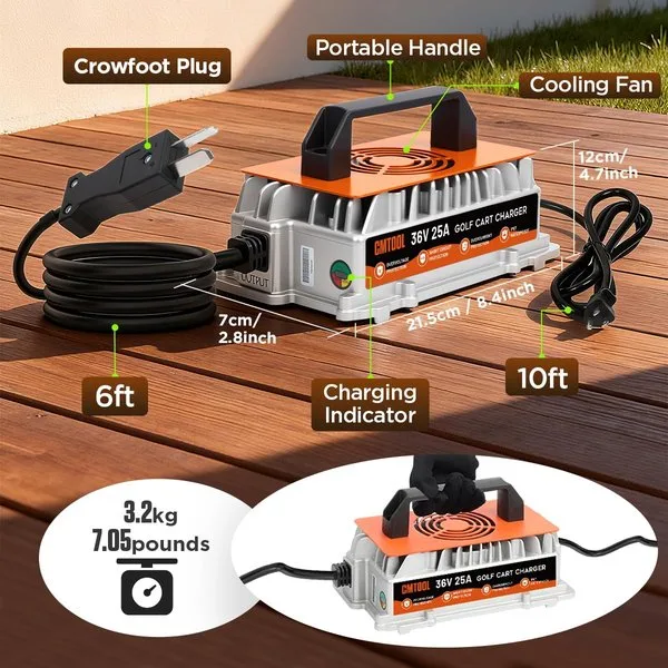 36Volt Golf Cart Battery Charger, 36V 25A Charger for EZGO/Yamaha/Club Car | 1250W Smart Fast Charging with Crowfoot Plug, IP67 Waterproof, 8 Protection, 16Ft Cable Charger for 36V Lead-Acid Batteries