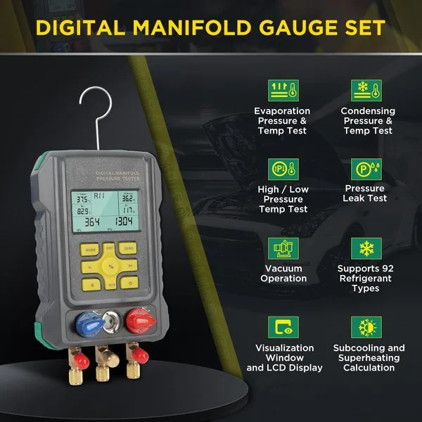 CMTOOL HVAC Digital Manifold Gauge Set, 92 Refrigerants, 2 Temp Clamps | 3 Hoses Refrigerant Gauge Set with Pressure and Temperature Testing for R134A,1234YF, R22, R12, R404A and R410A