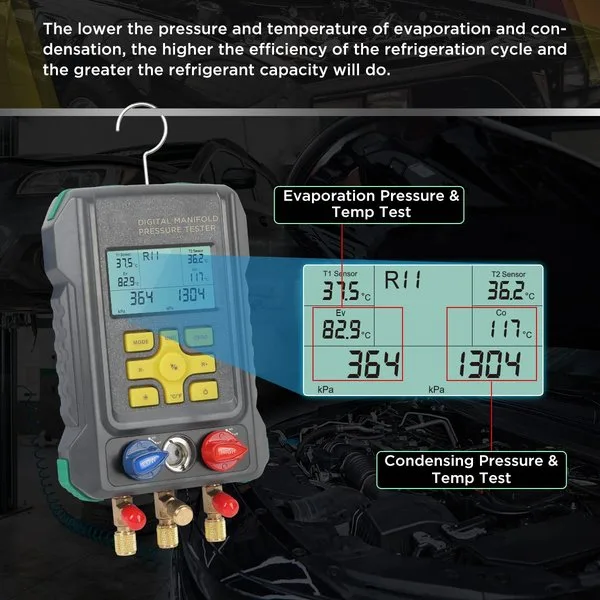 CMTOOL HVAC Digital Manifold Gauge Set, 92 Refrigerants, 2 Temp Clamps | 3 Hoses Refrigerant Gauge Set with Pressure and Temperature Testing for R134A,1234YF, R22, R12, R404A and R410A