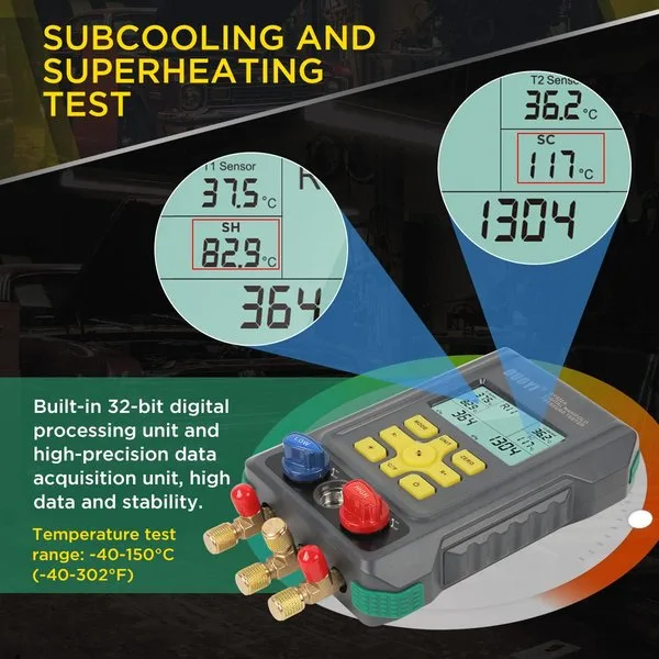 CMTOOL HVAC Digital Manifold Gauge Set, 92 Refrigerants, 2 Temp Clamps | 3 Hoses Refrigerant Gauge Set with Pressure and Temperature Testing for R134A,1234YF, R22, R12, R404A and R410A