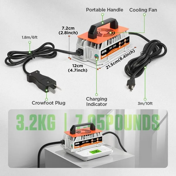 36 Volt Golf Cart Battery Charger, 36V 20A Charger for EZGO/Yamaha/Club Car | 1250W Fast Charging Golf Cart Charger for 36V Lead-Acid Battery, IP67 Waterproof, 6 Protection, 16Ft Cable, Crowfoot Plug