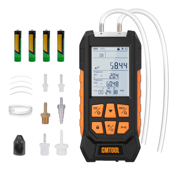 Manometer Gas Pressure Tester, -100 to 200Kpa Dual-Port Digital Manometer | 10 Units, 7 Adapters, HVAC Digital Pressure Gauge Tester with Data Lock, Zero & Storage, Backlight LCD Display & flashlight