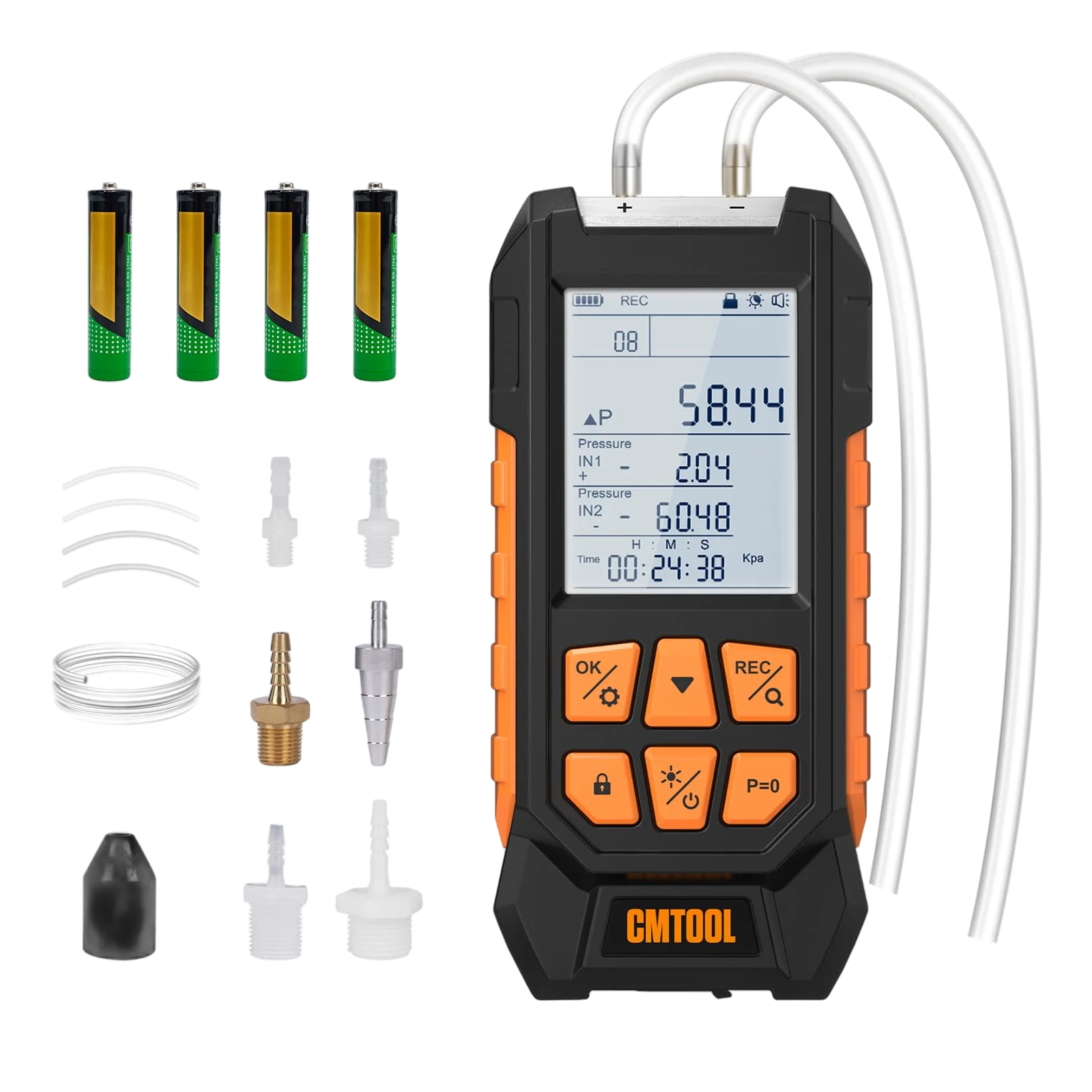 Manometer Gas Pressure Tester, -100 to 200Kpa Dual-Port Digital Manometer | 10 Units, 7 Adapters, HVAC Digital Pressure Gauge Tester with Data Lock, Zero & Storage, Backlight LCD Display & flashlight