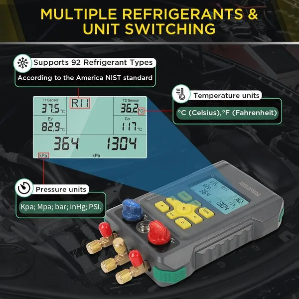 CMTOOL HVAC Digital Manifold Gauge Set, 92 Refrigerants, 2 Temp Clamps | 3 Hoses Refrigerant Gauge Set with Pressure and Temperature Testing for R134A,1234YF, R22, R12, R404A and R410A