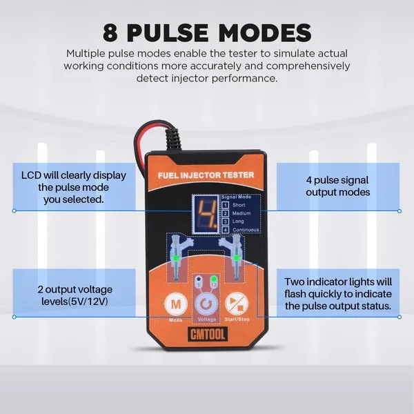 CMTOOL Fuel Injector Tester and Cleaner Tool Kit, Upgraded 6 Cleaning Adapters & 8 Pulse Modes, DIY Tool, Car Fuel Injector Cleaner Kit, 5V/12V Output Voltage Level