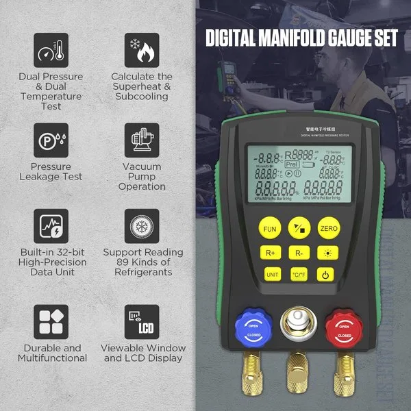 CMTOOL Digital HVAC Gauges Set, 89 Refrigerants, 3 Hoses, 2 Temp Clamps | Digital Manifold Gauges Set HVAC Tools with Pressure and Temp Test for R134A 1234YF R22 R12 R404A R410A, etc