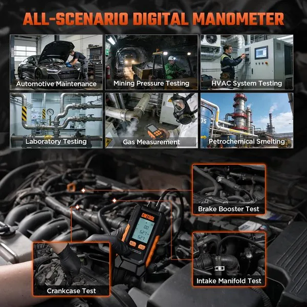 CMTOOL -101 to 200 kPa Dual-Port Digital Manometer with 6 Units & 7 Adapters