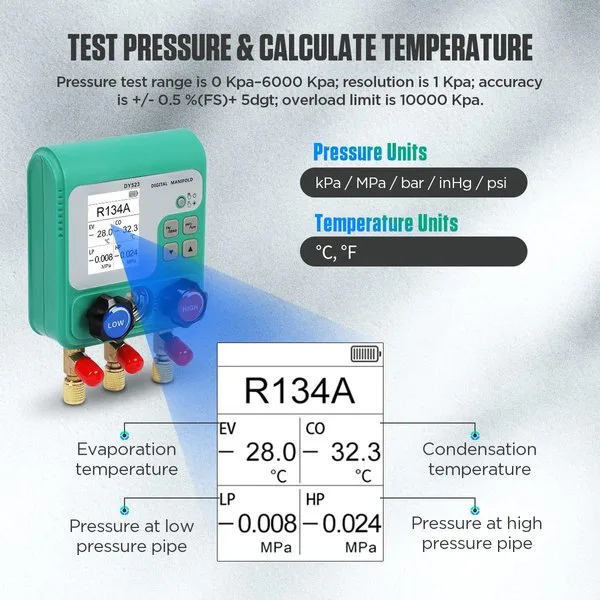 HVAC Digital Manifold Gauge Set, 92 Refrigerant, Dual Pressure&Vacuum Test | LCD Display Digital HVAC Gauges for R134A R22 R410A Refrigerant with 3 Hoses & 1/4" SAE Interface, AC Recharge Kit with Hook