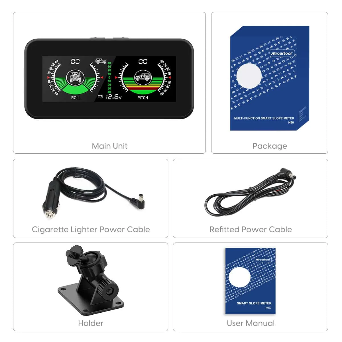 MRCARTOOL M50 main unit, package, cigarette lighter power cable, refitted power cable, holder and user manual