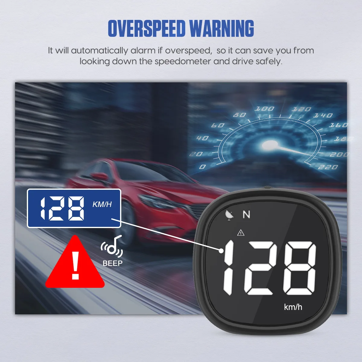 MRCARTOOL M30 showing an overspeed warning icon with an audible beep