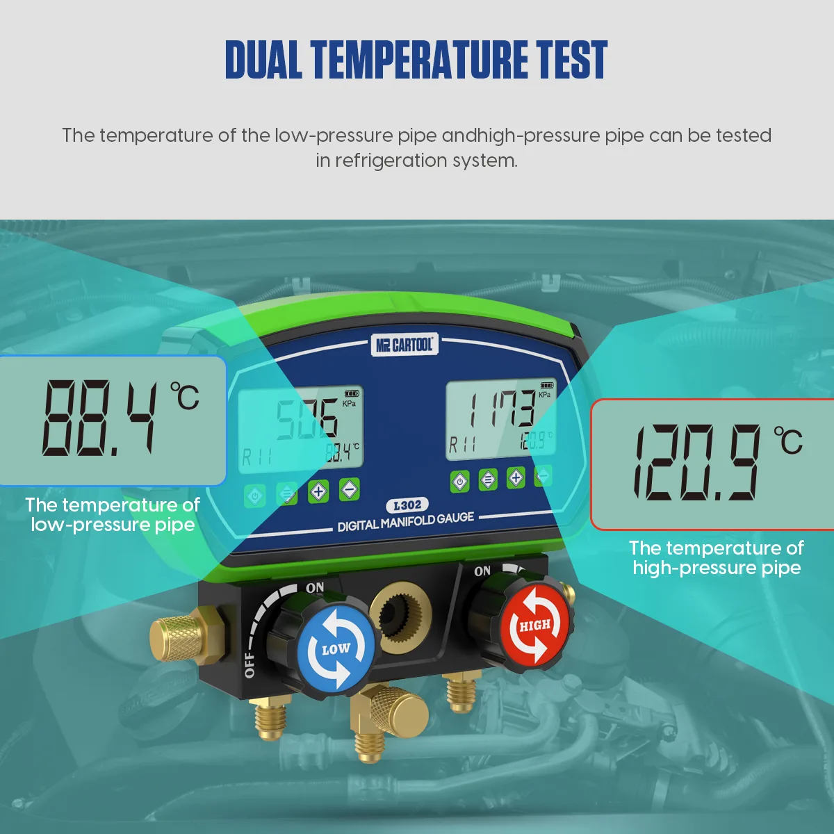 MRCARTOOL L302 displays showing low-side and high-side line temperature