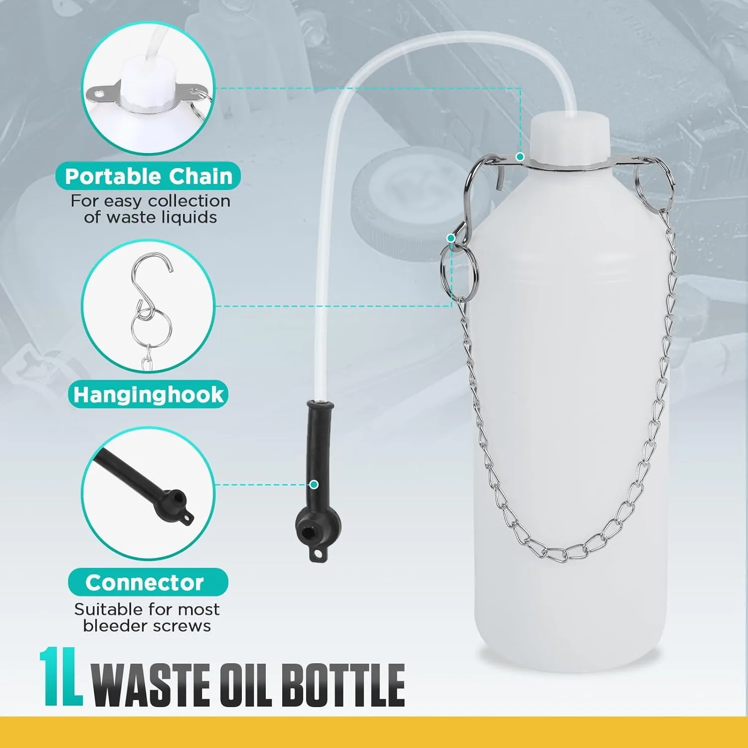 Waste fluid bottle with portable chain, hanging hook and bleeder screw connector