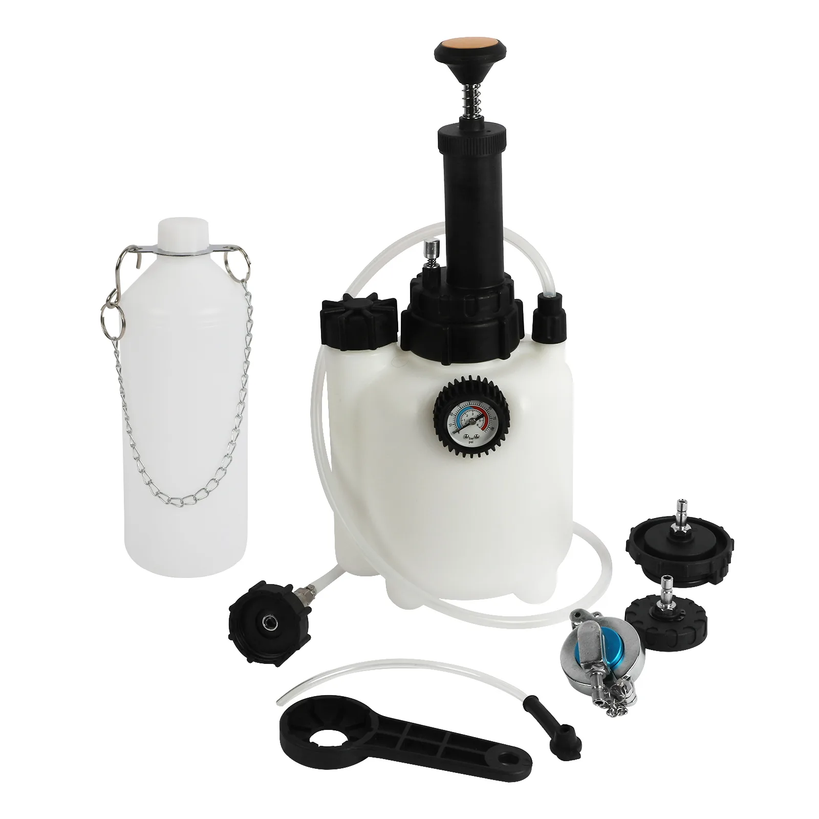 MRCARTOOL brake bleeder kit with pump reservoir, waste bottle, adapter caps and wrench