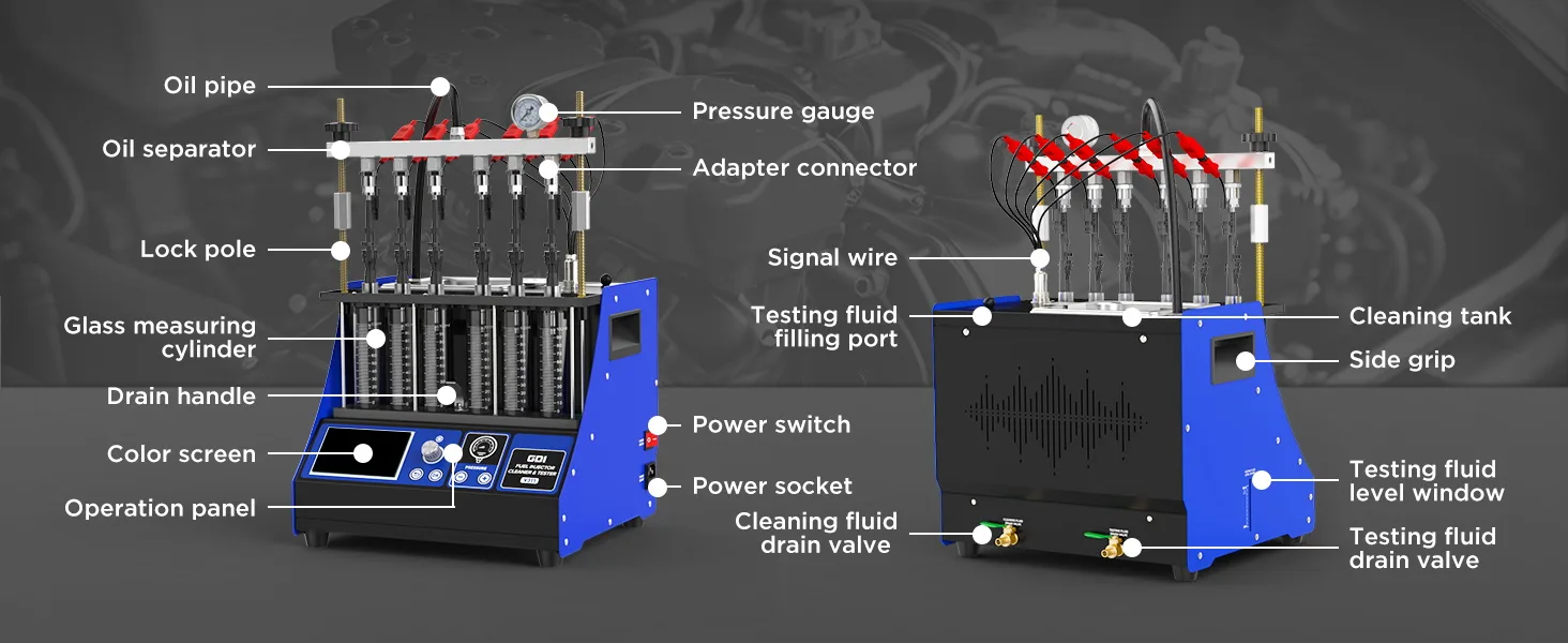 MRCARTOOL V311 front and rear views with labeled pressure gauge, glass measuring cylinders, cleaning tank, drain valves and power socket