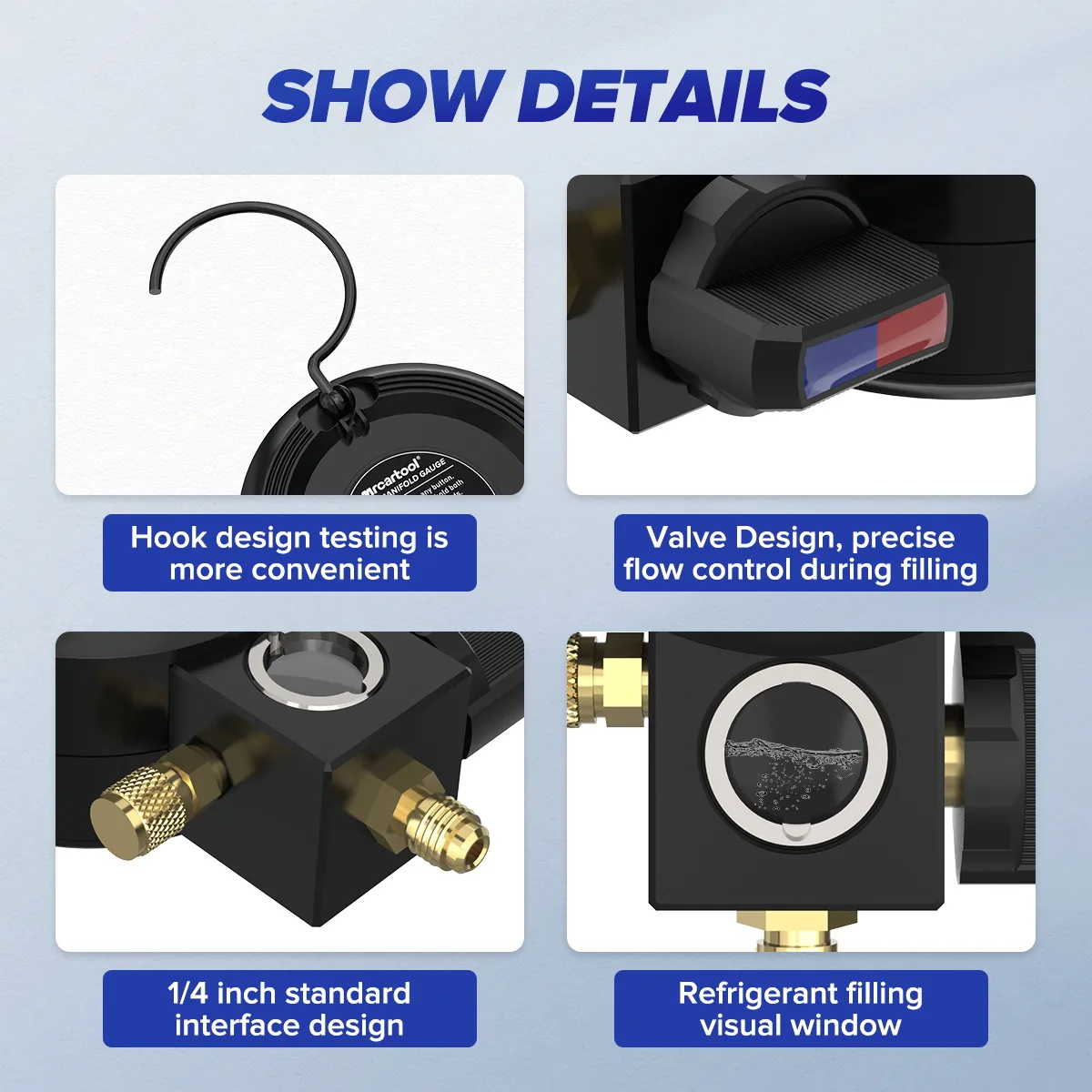 Close-ups of the L201 hook, valve, 1/4-inch fittings and refrigerant sight glass
